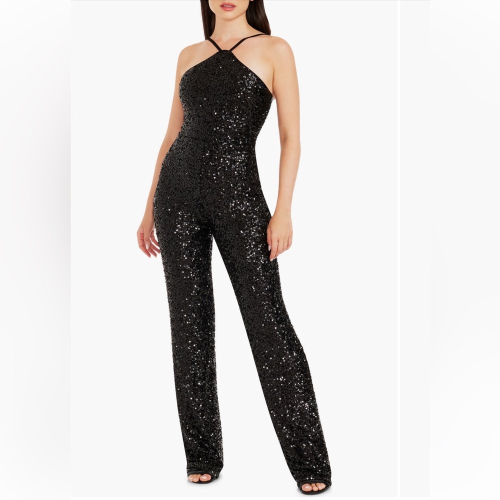 Dress the Population Darian Sequin Halter Black Jumpsuit Medium